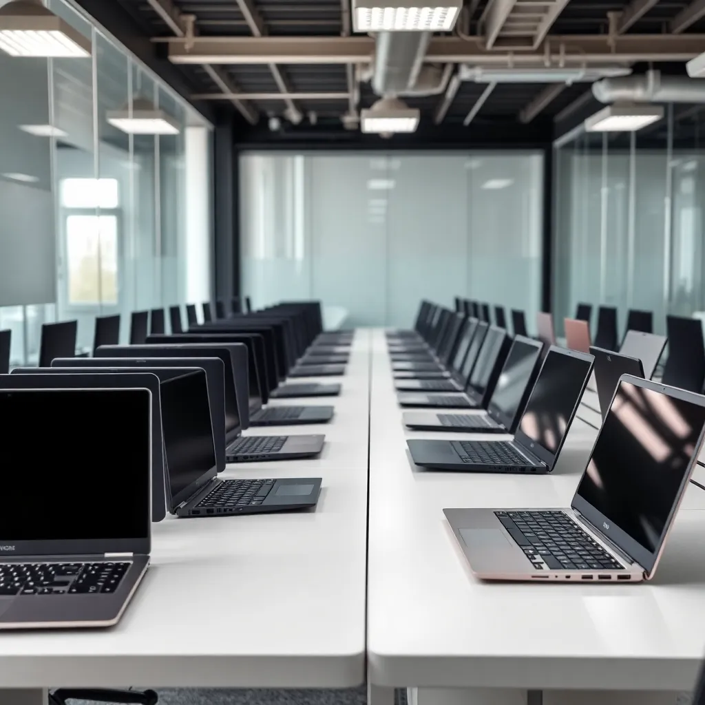 Modern office workspace with multiple premium refurbished laptops arranged neatly on a desk displaying various models from different brands