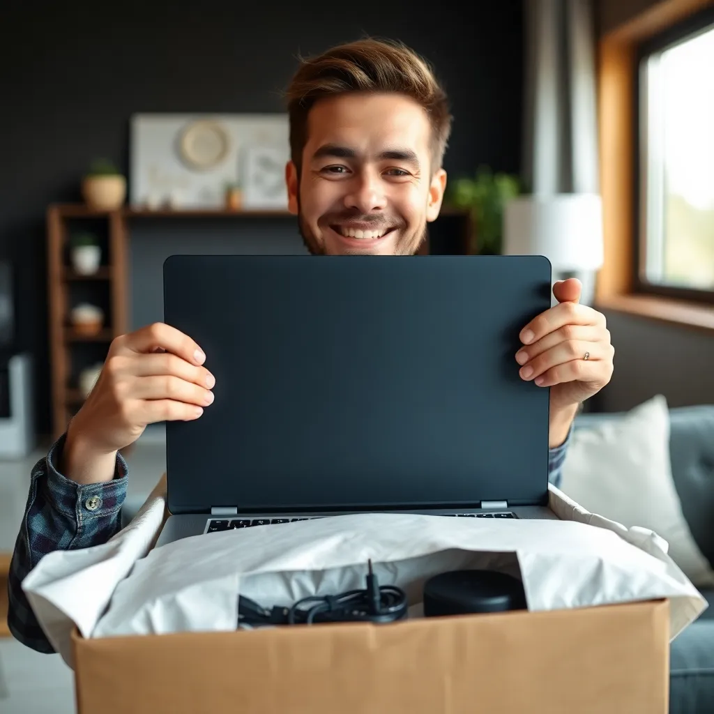 Happy customer unboxing a refurbished laptop with a smile, showing the packaging and included accessories