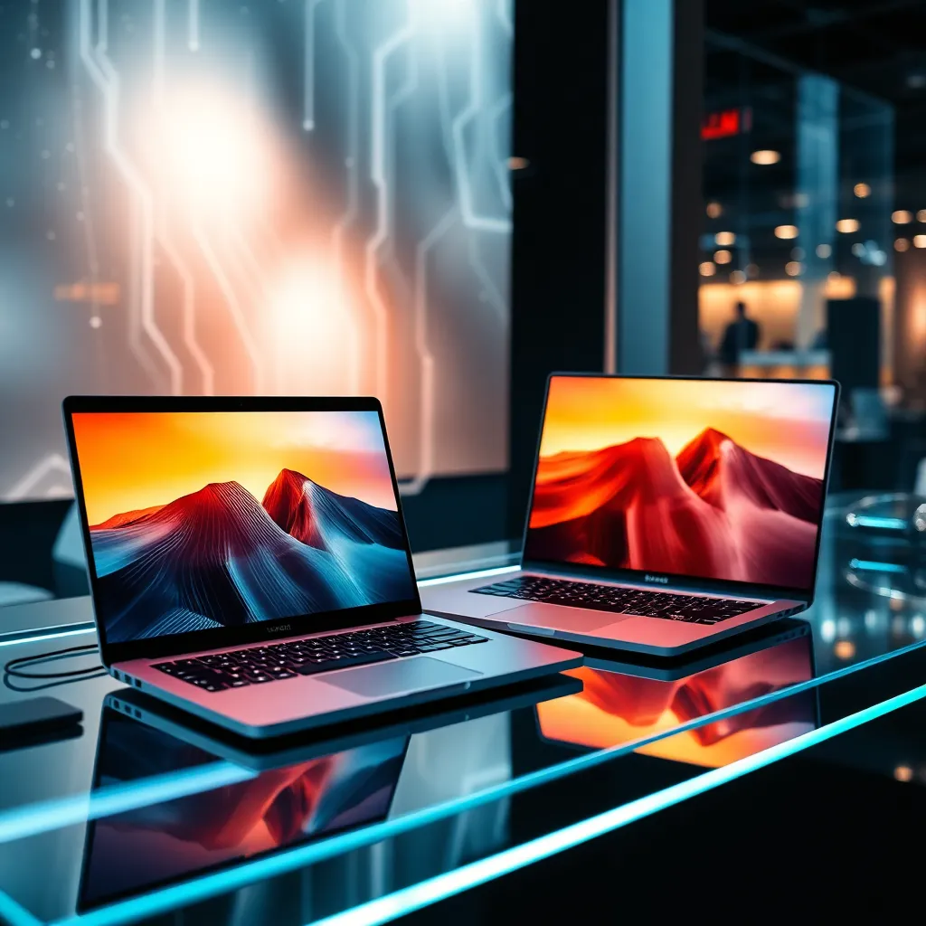 Premium laptops on modern display with tech atmosphere